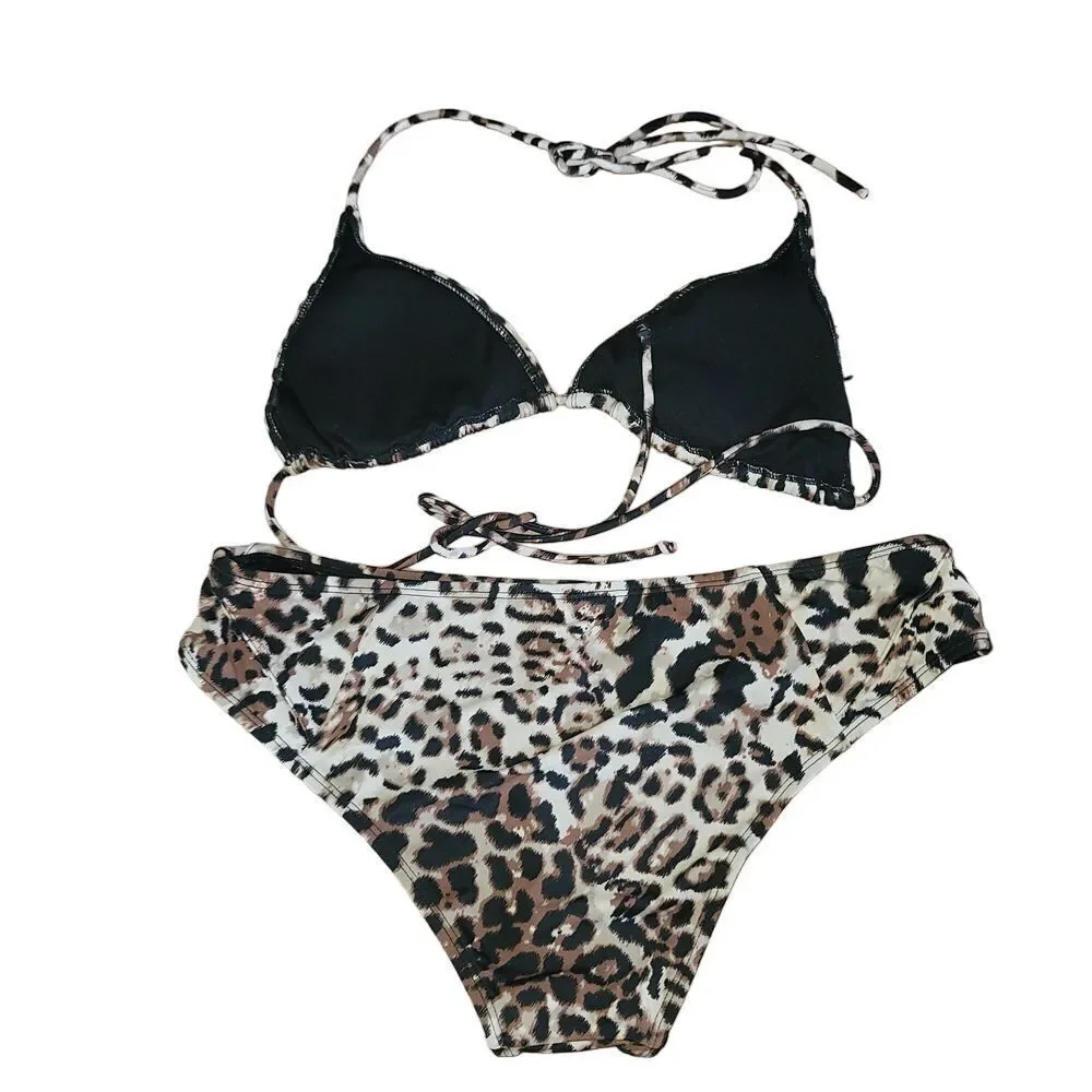 Leopard print Bikini with matching sheer‎ coverup Size L Animal Print Preowned